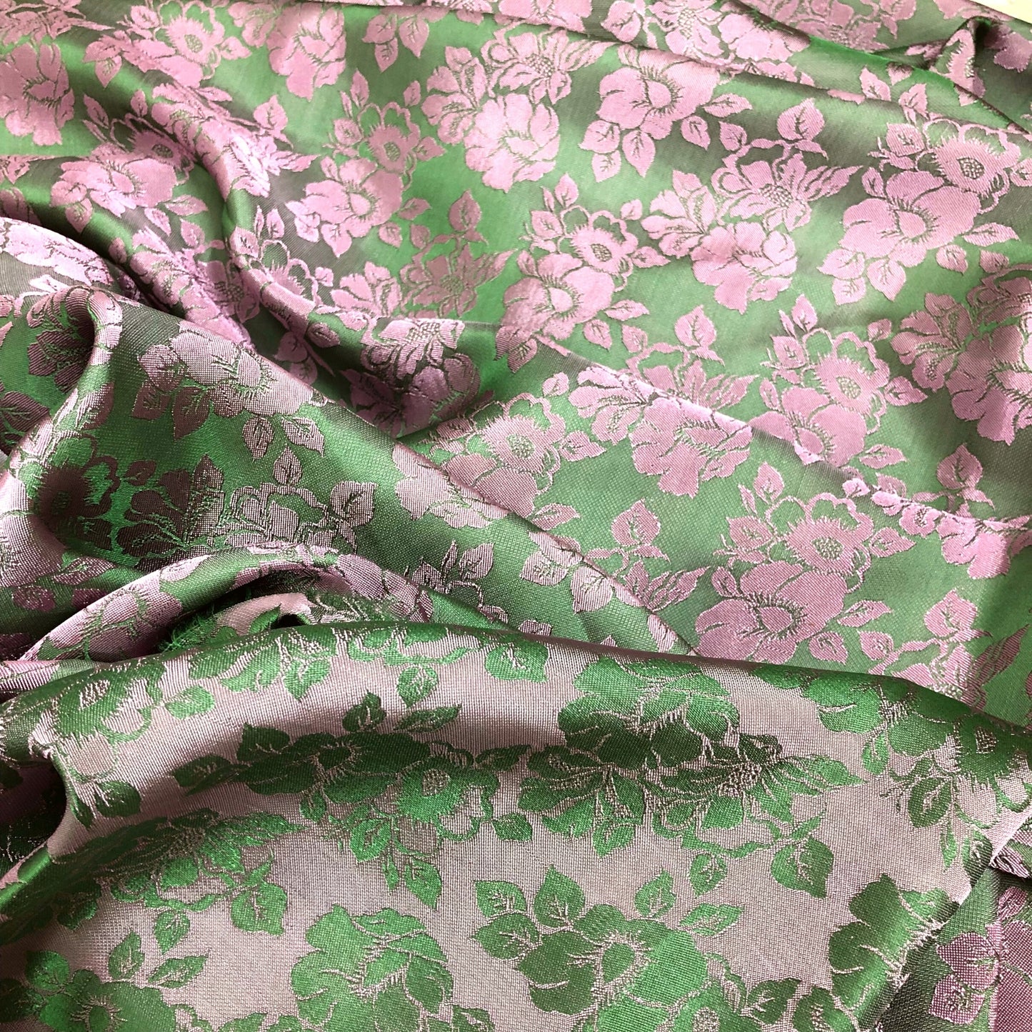 Green pink silk with flower pattern, Pure mulberry silk, Handmade fabric, Organic fiber, Vintage textile, Dress making, Gift for women