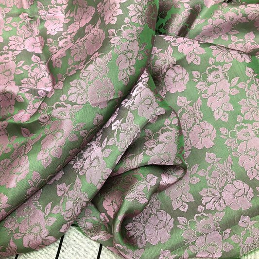 Green pink silk with flower pattern, Pure mulberry silk, Handmade fabric, Organic fiber, Vintage textile, Dress making, Gift for women