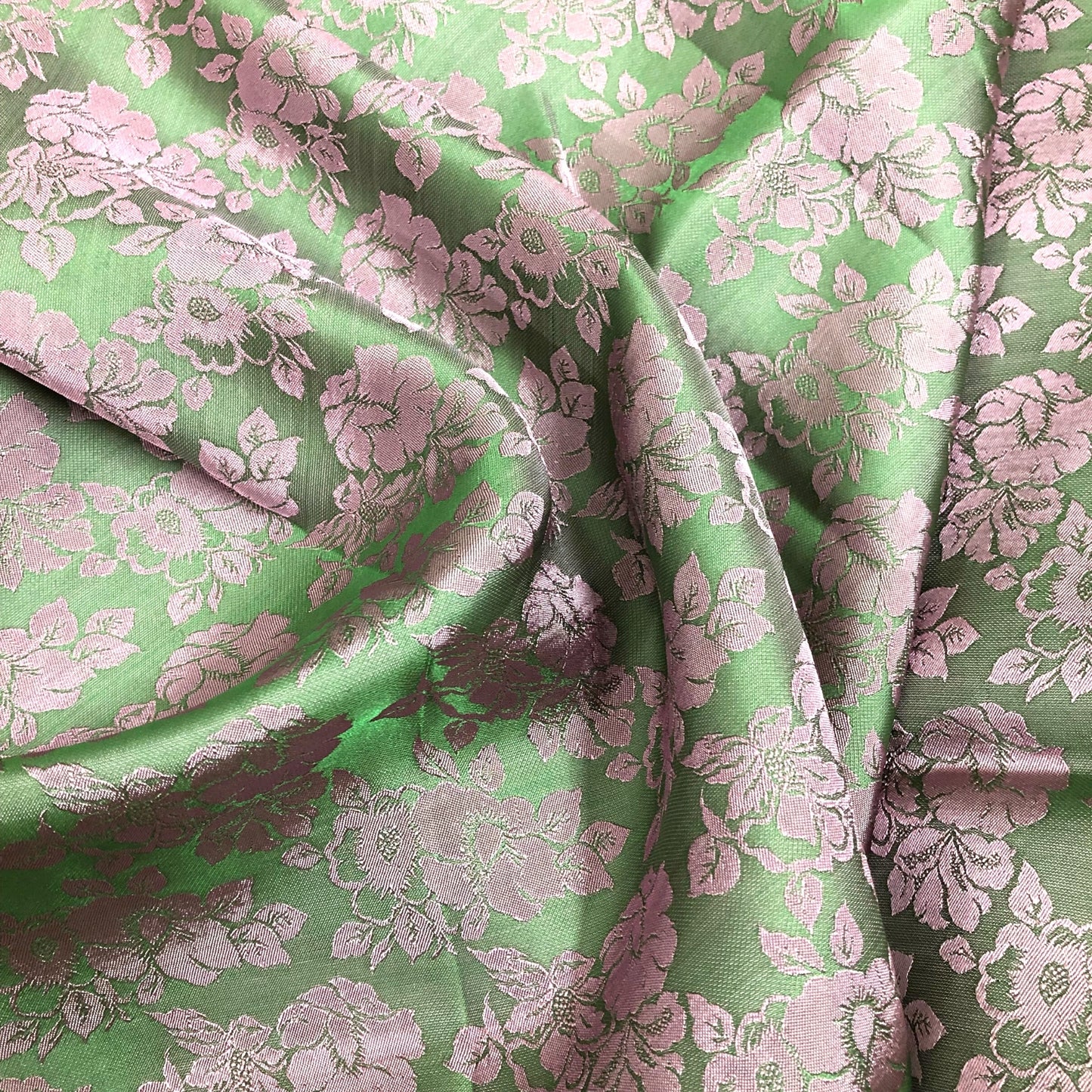 Green pink silk with flower pattern, Pure mulberry silk, Handmade fabric, Organic fiber, Vintage textile, Dress making, Gift for women