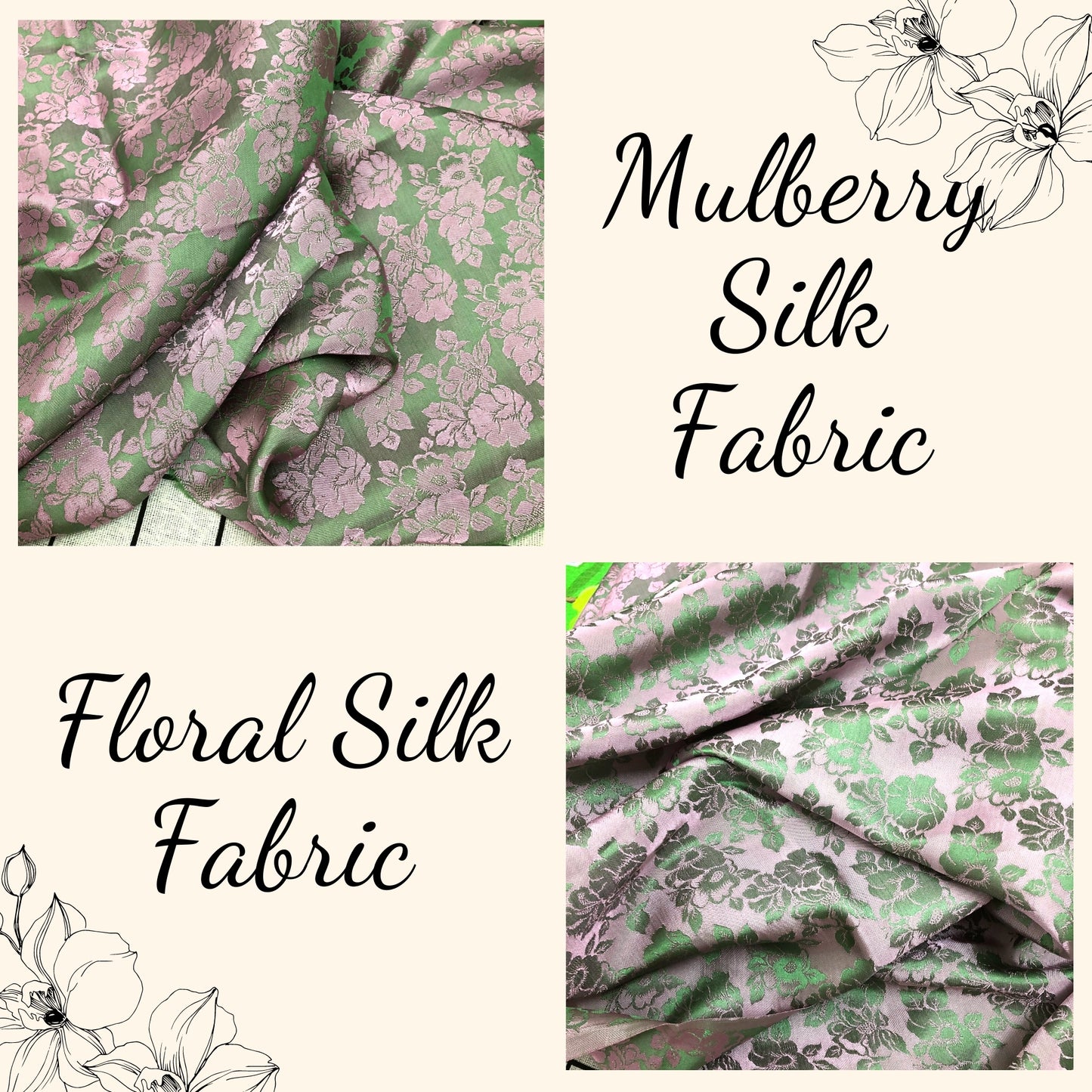 Green pink silk with flower pattern, Pure mulberry silk, Handmade fabric, Organic fiber, Vintage textile, Dress making, Gift for women