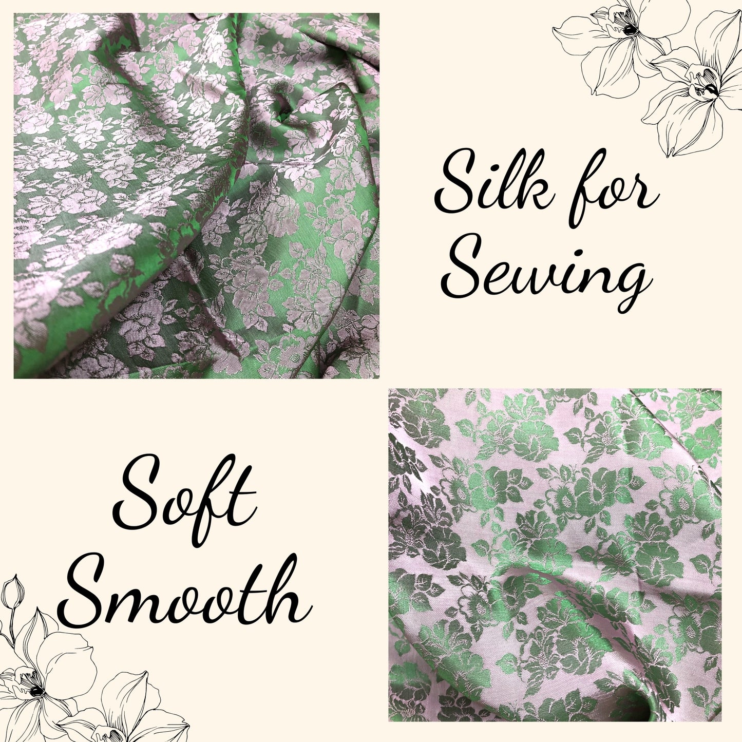 Green pink silk with flower pattern, Pure mulberry silk, Handmade fabric, Organic fiber, Vintage textile, Dress making, Gift for women