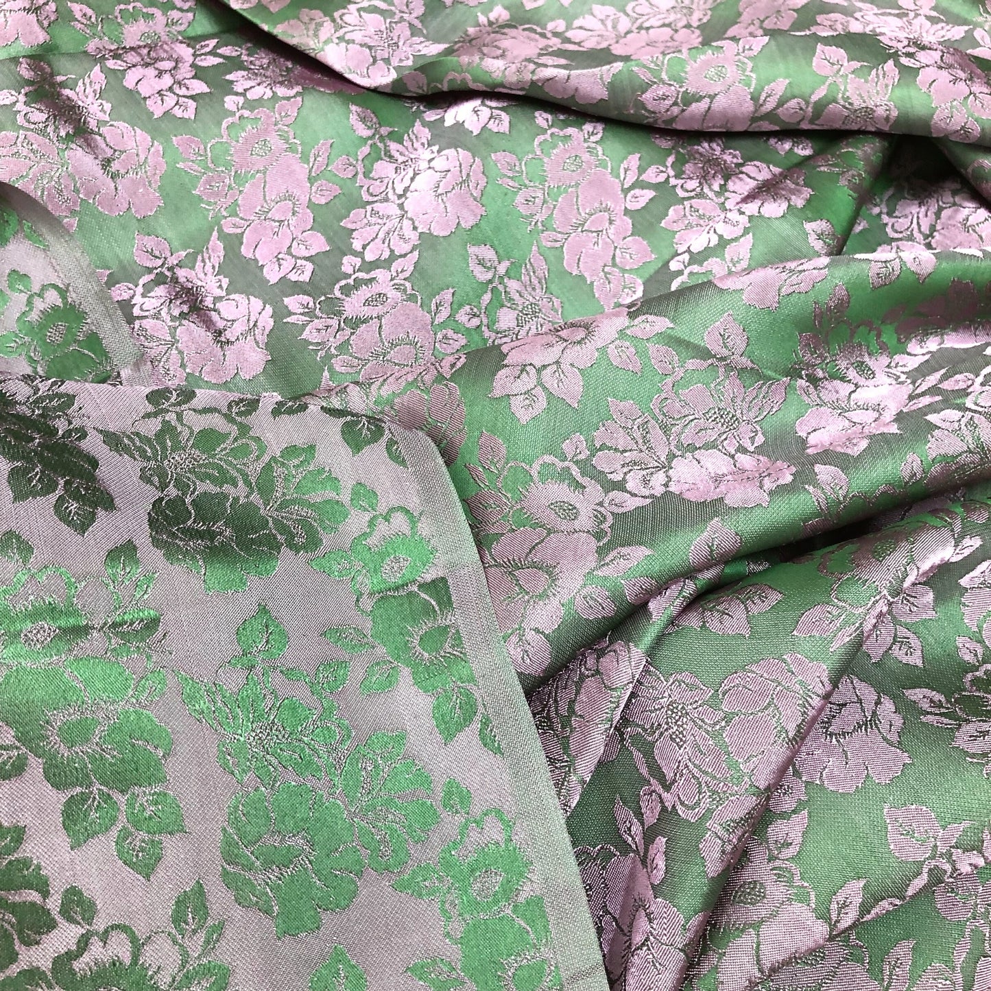 Green pink silk with flower pattern, Pure mulberry silk, Handmade fabric, Organic fiber, Vintage textile, Dress making, Gift for women