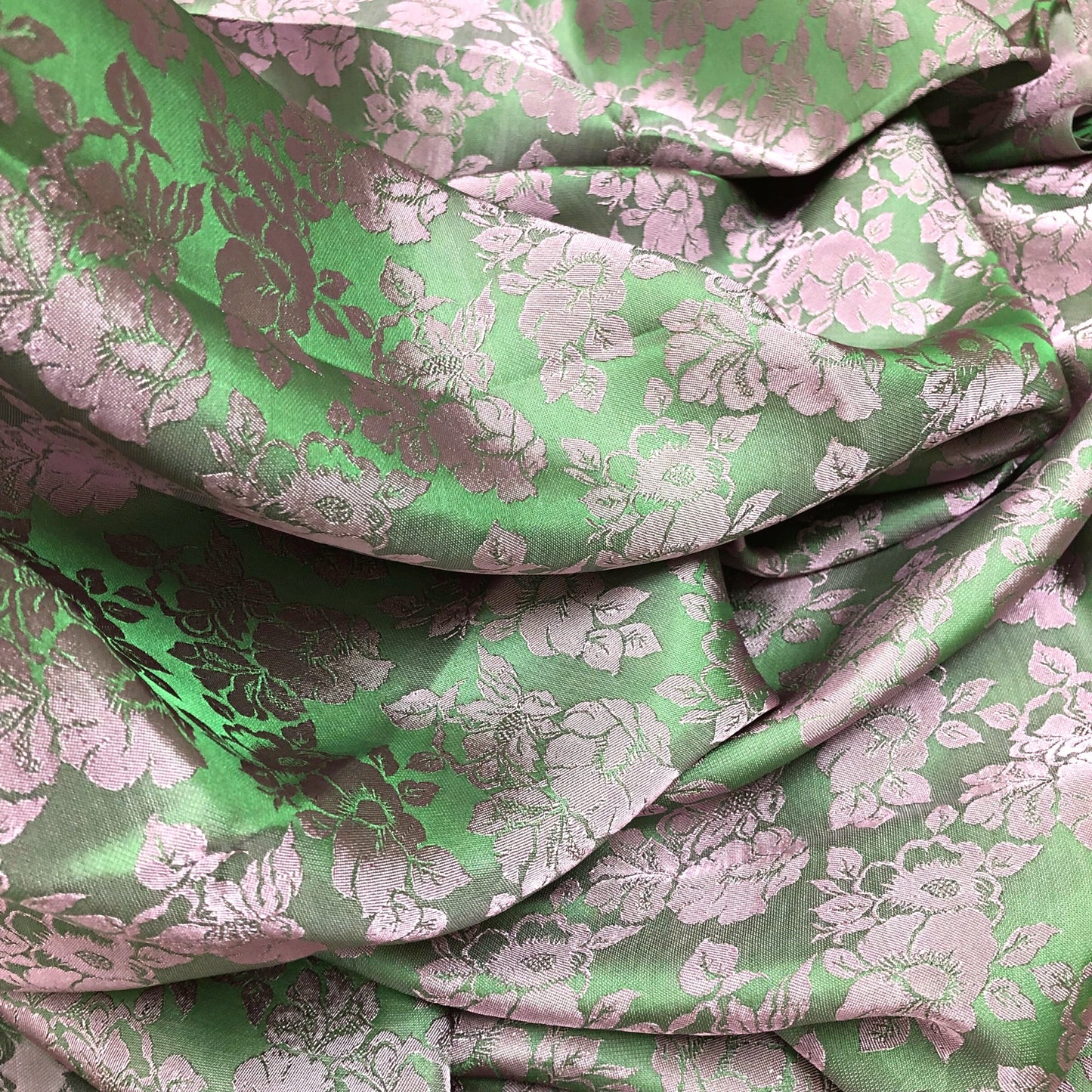 Green pink silk with flower pattern, Pure mulberry silk, Handmade fabric, Organic fiber, Vintage textile, Dress making, Gift for women