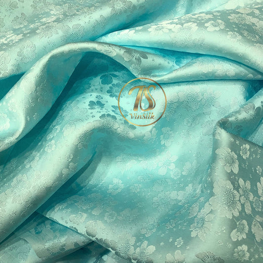 PURE MULBERRY SILK fabric by the yard - Light blue floral silk fabric - Handmade silk – Dress making – Silk for sewing - Gift for women
