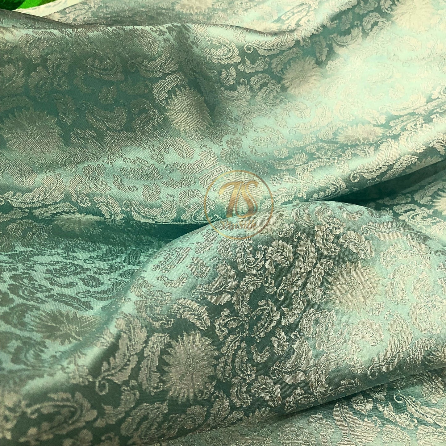 Blue silk fabric with mulberry chrysanthemum pattern, Pure mulberry silk, Handmade fabric, Organic fiber, Vintage textile