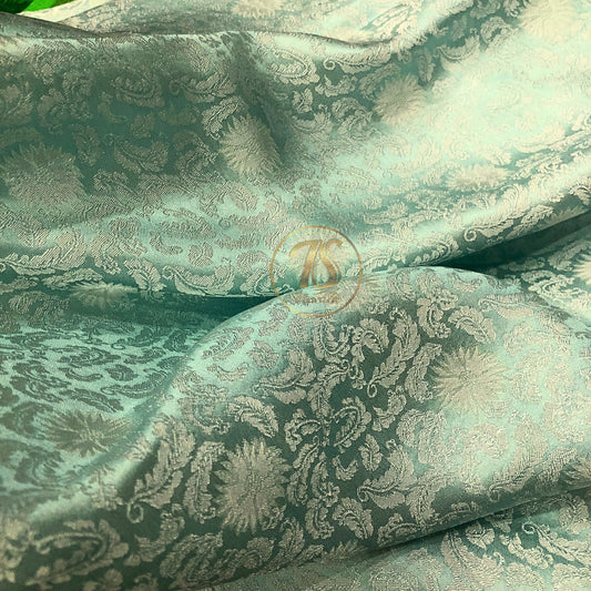 Blue silk fabric with mulberry chrysanthemum pattern, Pure mulberry silk, Handmade fabric, Organic fiber, Vintage textile