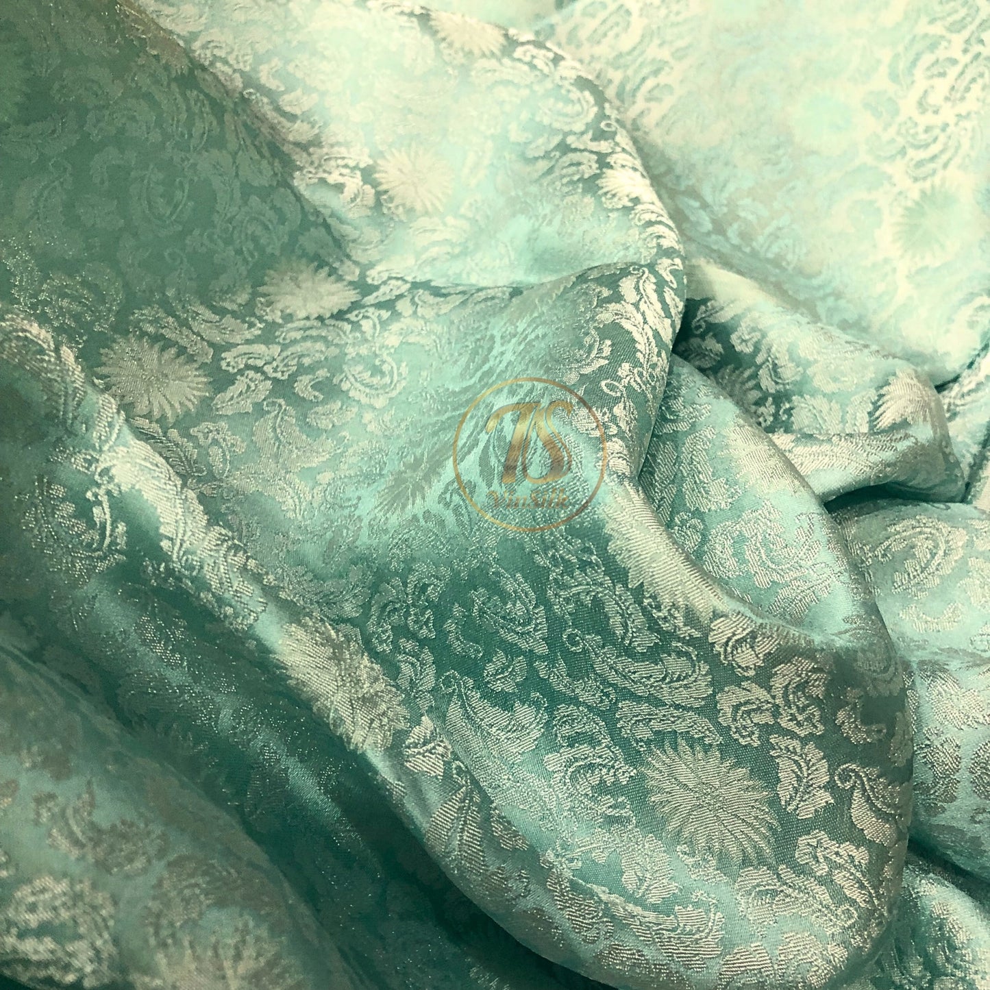 Blue silk fabric with mulberry chrysanthemum pattern, Pure mulberry silk, Handmade fabric, Organic fiber, Vintage textile