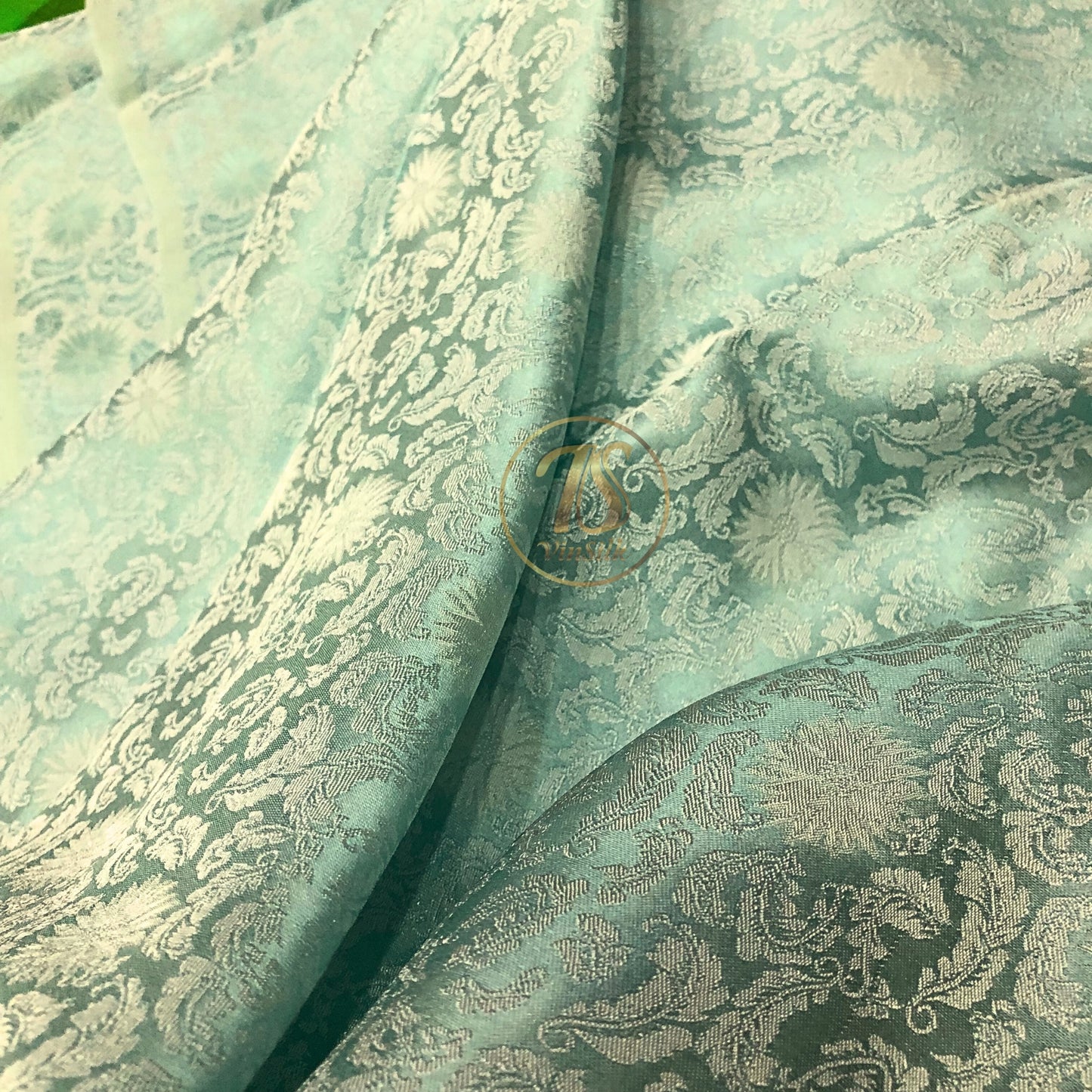 Blue silk fabric with mulberry chrysanthemum pattern, Pure mulberry silk, Handmade fabric, Organic fiber, Vintage textile