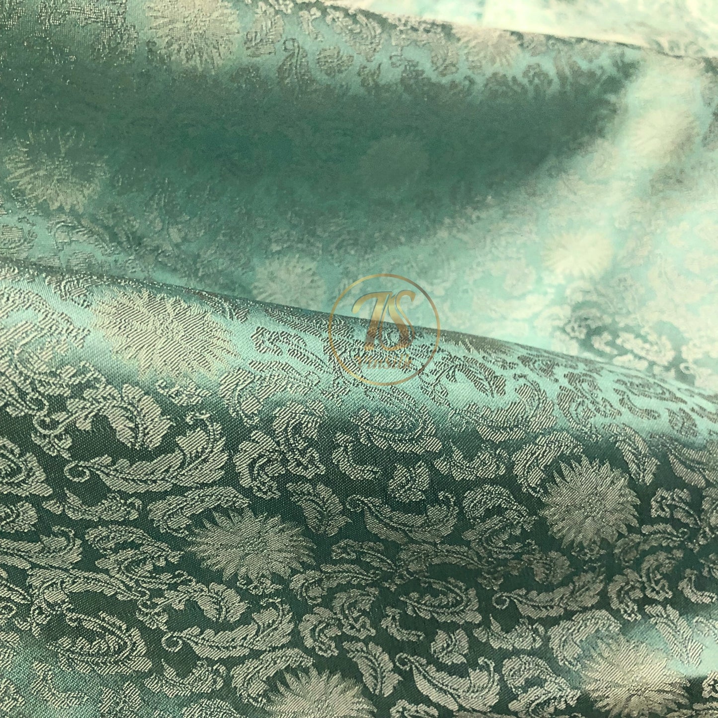 Blue silk fabric with mulberry chrysanthemum pattern, Pure mulberry silk, Handmade fabric, Organic fiber, Vintage textile