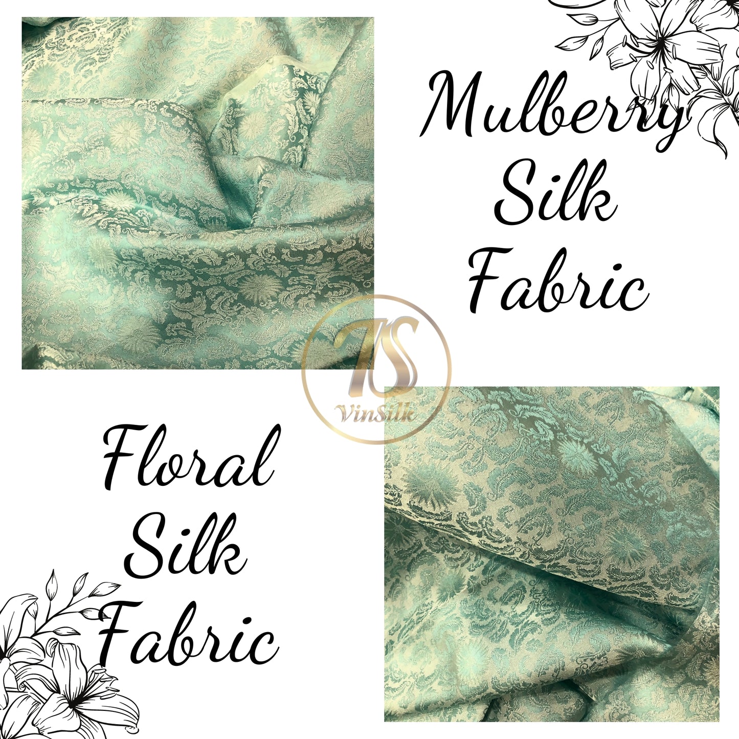 Blue silk fabric with mulberry chrysanthemum pattern, Pure mulberry silk, Handmade fabric, Organic fiber, Vintage textile