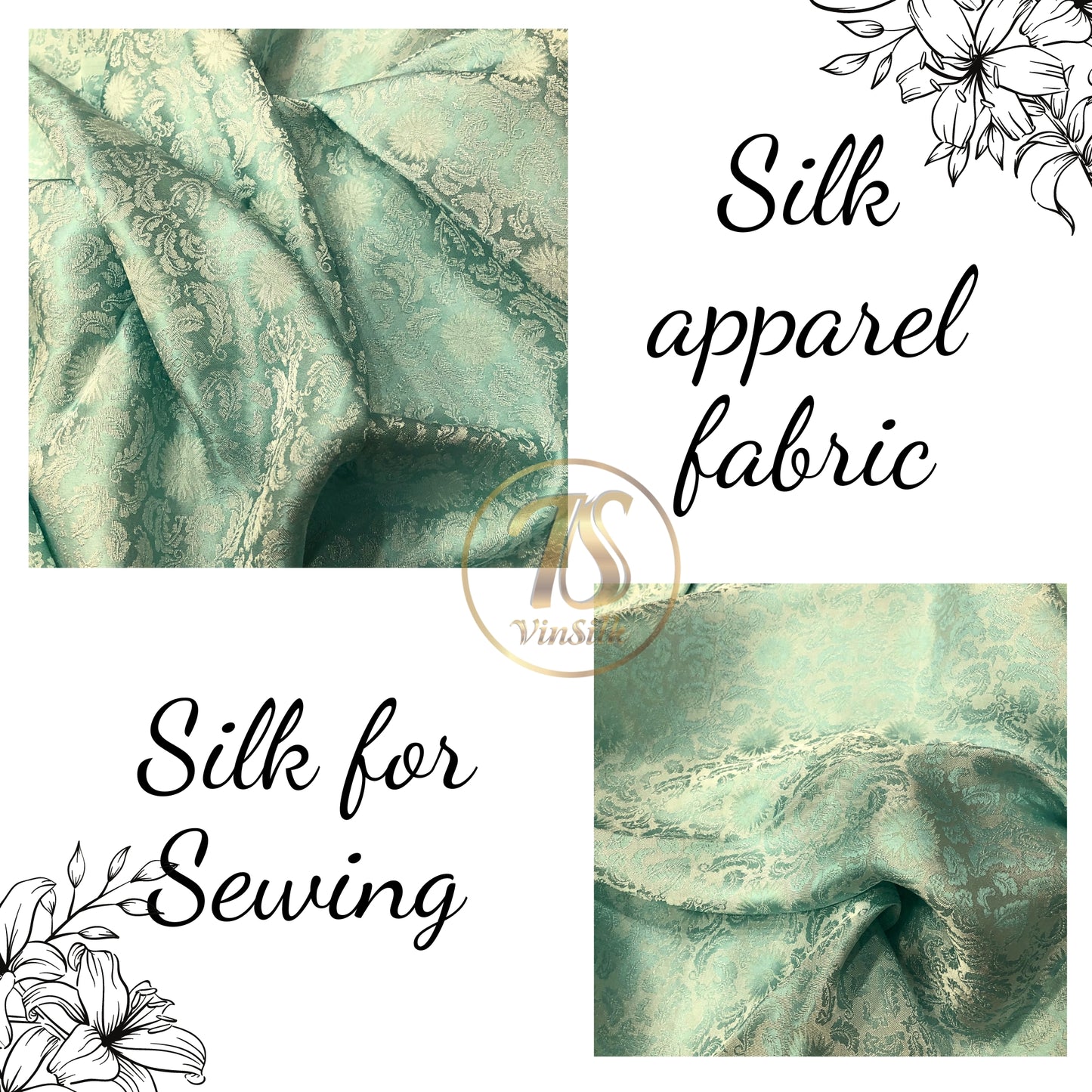 Blue silk fabric with mulberry chrysanthemum pattern, Pure mulberry silk, Handmade fabric, Organic fiber, Vintage textile