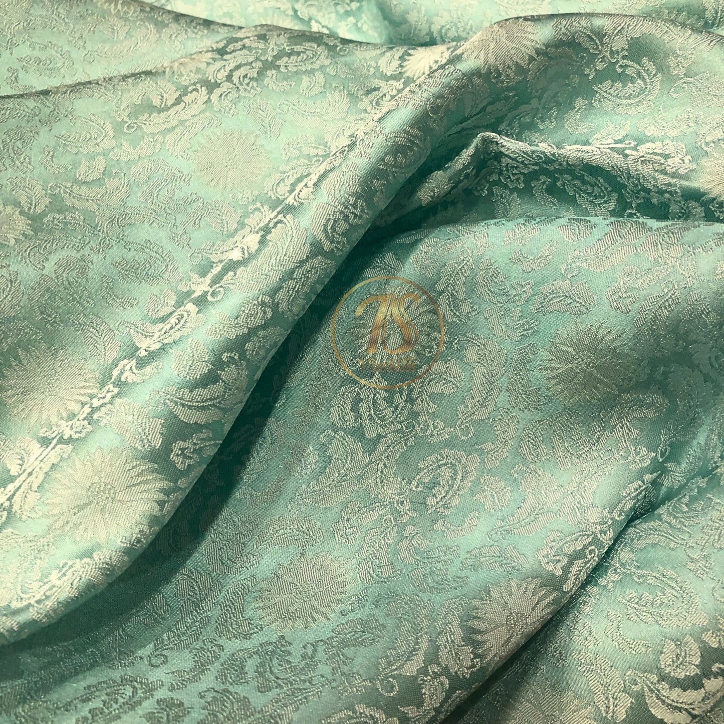 Blue silk fabric with mulberry chrysanthemum pattern, Pure mulberry silk, Handmade fabric, Organic fiber, Vintage textile