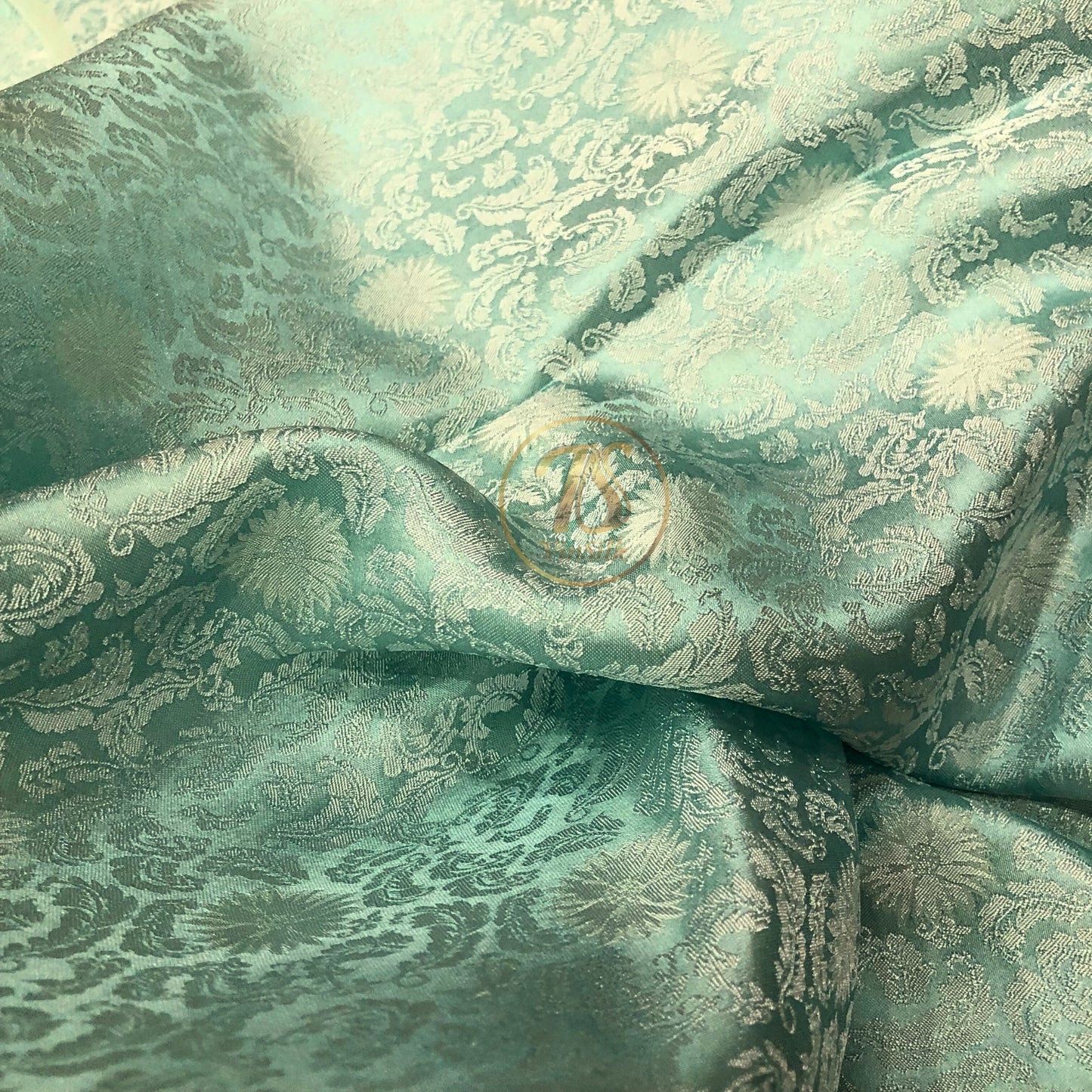Blue silk fabric with mulberry chrysanthemum pattern, Pure mulberry silk, Handmade fabric, Organic fiber, Vintage textile