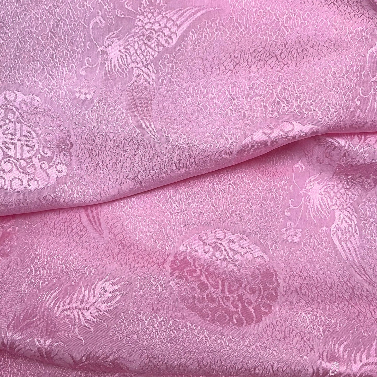 Pink silk fabric with mulberry phoenix  pattern, Pure mulberry silk, Handmade fabric, Organic fiber, Vintage textile