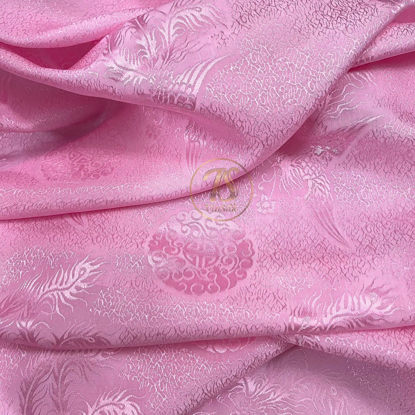 Pink silk fabric with mulberry phoenix  pattern, Pure mulberry silk, Handmade fabric, Organic fiber, Vintage textile