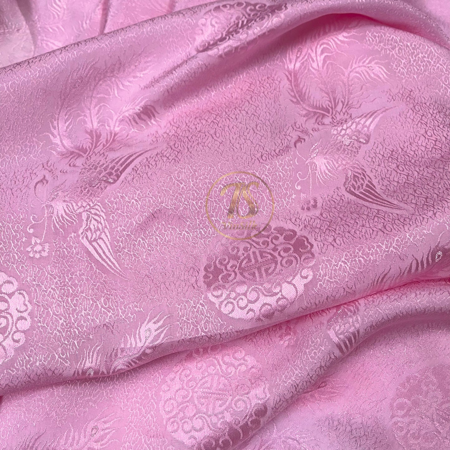 Pink silk fabric with mulberry phoenix  pattern, Pure mulberry silk, Handmade fabric, Organic fiber, Vintage textile