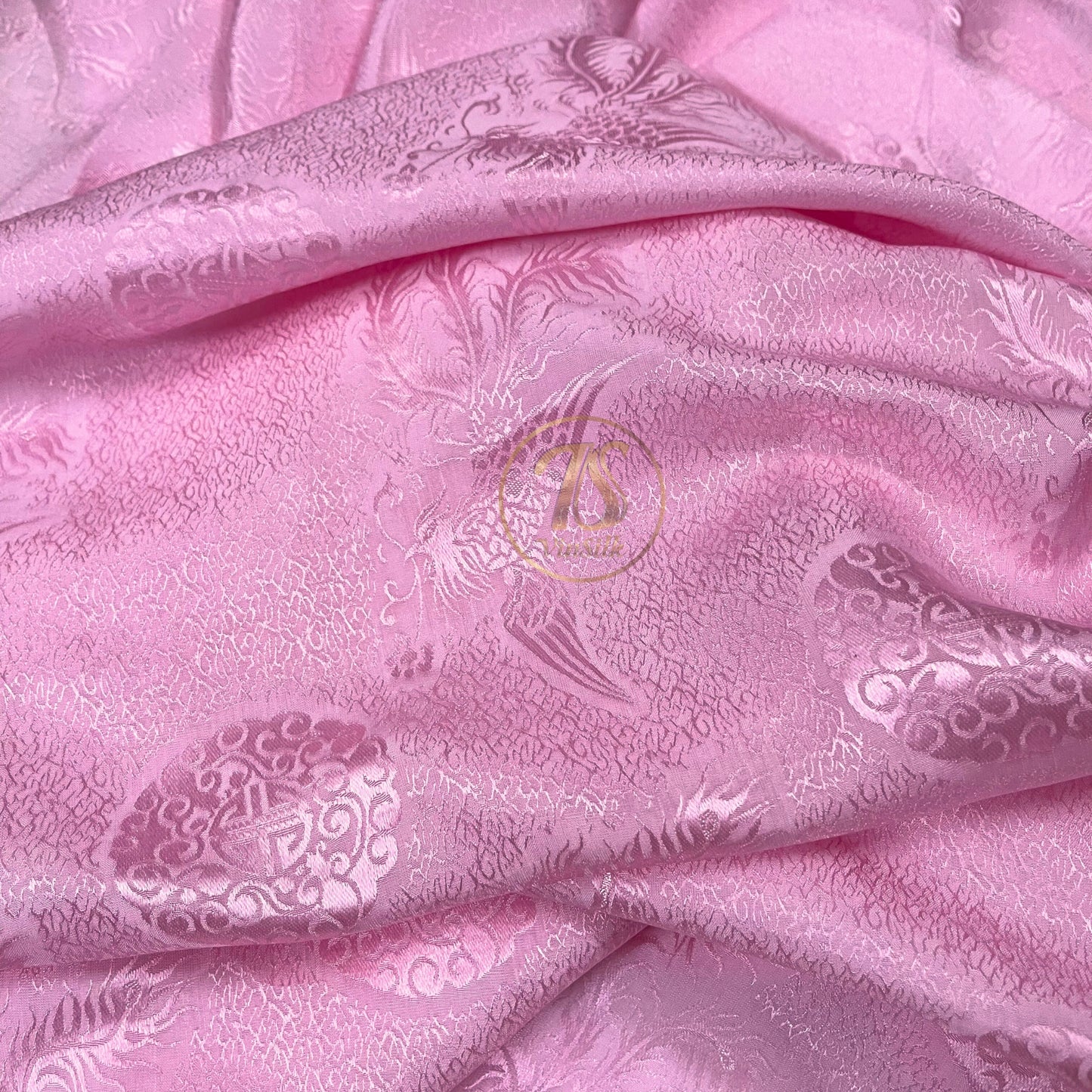 Pink silk fabric with mulberry phoenix  pattern, Pure mulberry silk, Handmade fabric, Organic fiber, Vintage textile