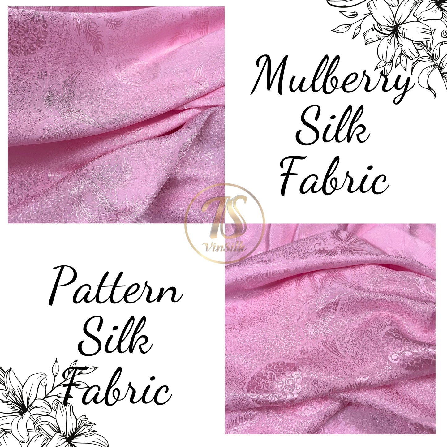 Pink silk fabric with mulberry phoenix  pattern, Pure mulberry silk, Handmade fabric, Organic fiber, Vintage textile