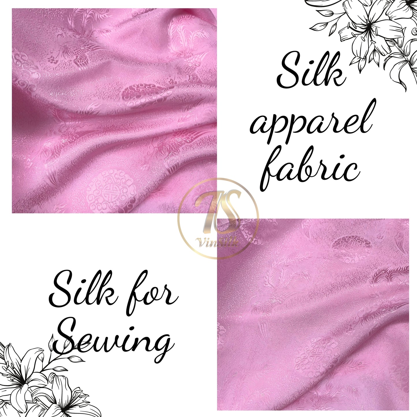 Pink silk fabric with mulberry phoenix  pattern, Pure mulberry silk, Handmade fabric, Organic fiber, Vintage textile