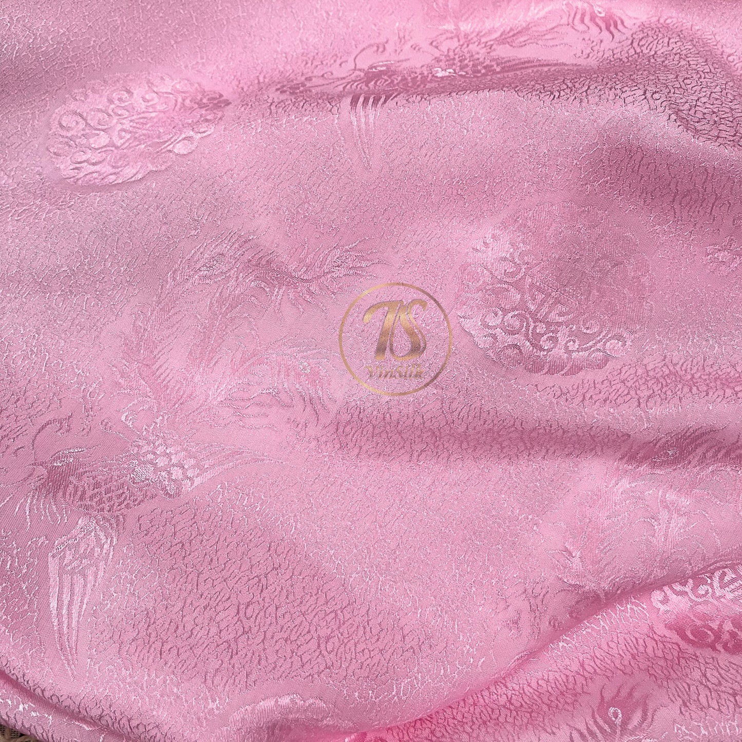 Pink silk fabric with mulberry phoenix  pattern, Pure mulberry silk, Handmade fabric, Organic fiber, Vintage textile