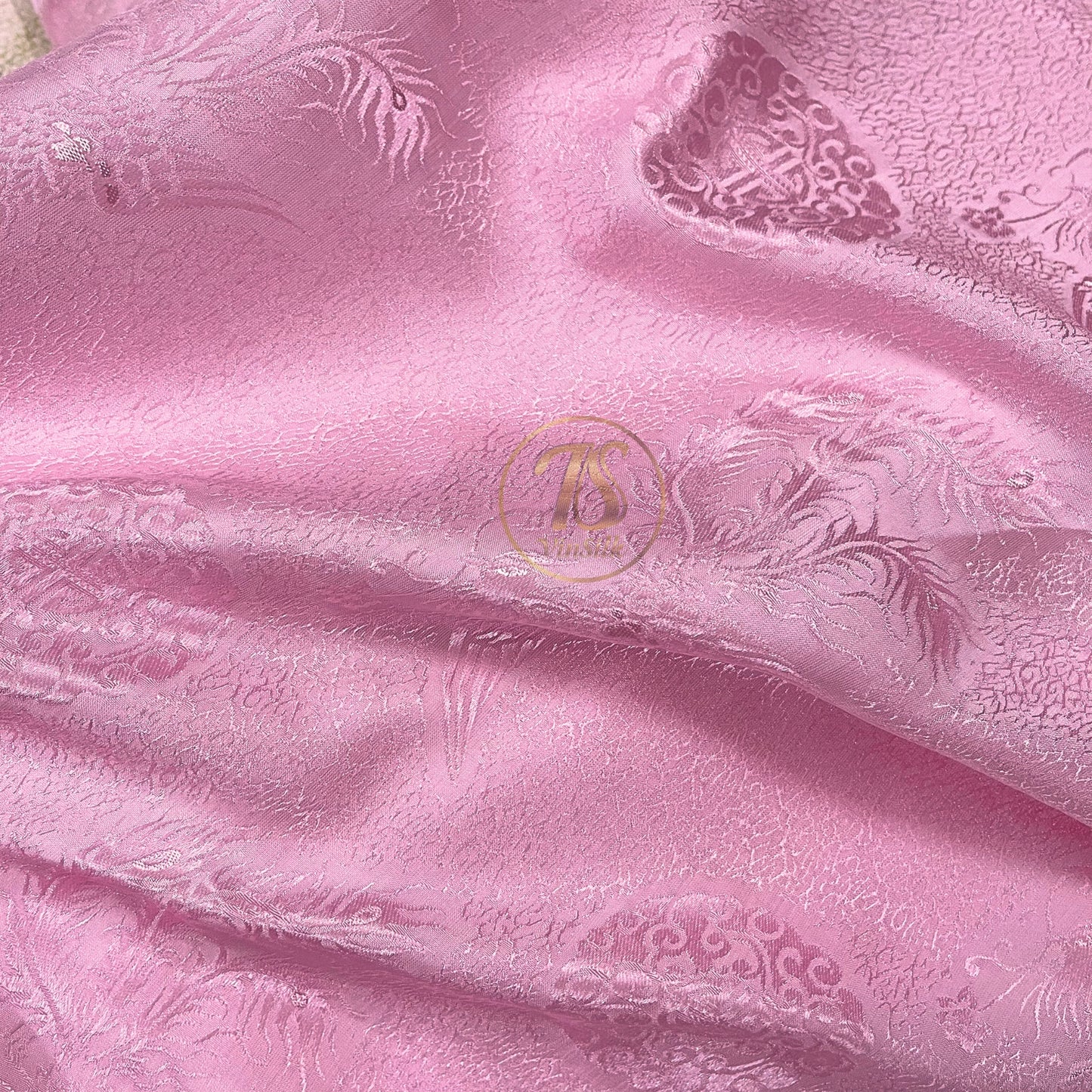 Pink silk fabric with mulberry phoenix  pattern, Pure mulberry silk, Handmade fabric, Organic fiber, Vintage textile
