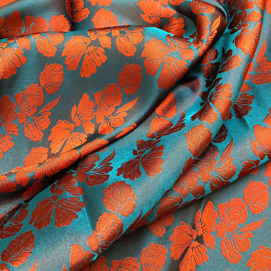 PURE MULBERRY SILK fabric by the yard - Blue silk with orange floral pattern fabric - Handmade fabric – Dress making – Silk for sewing - Gift for women