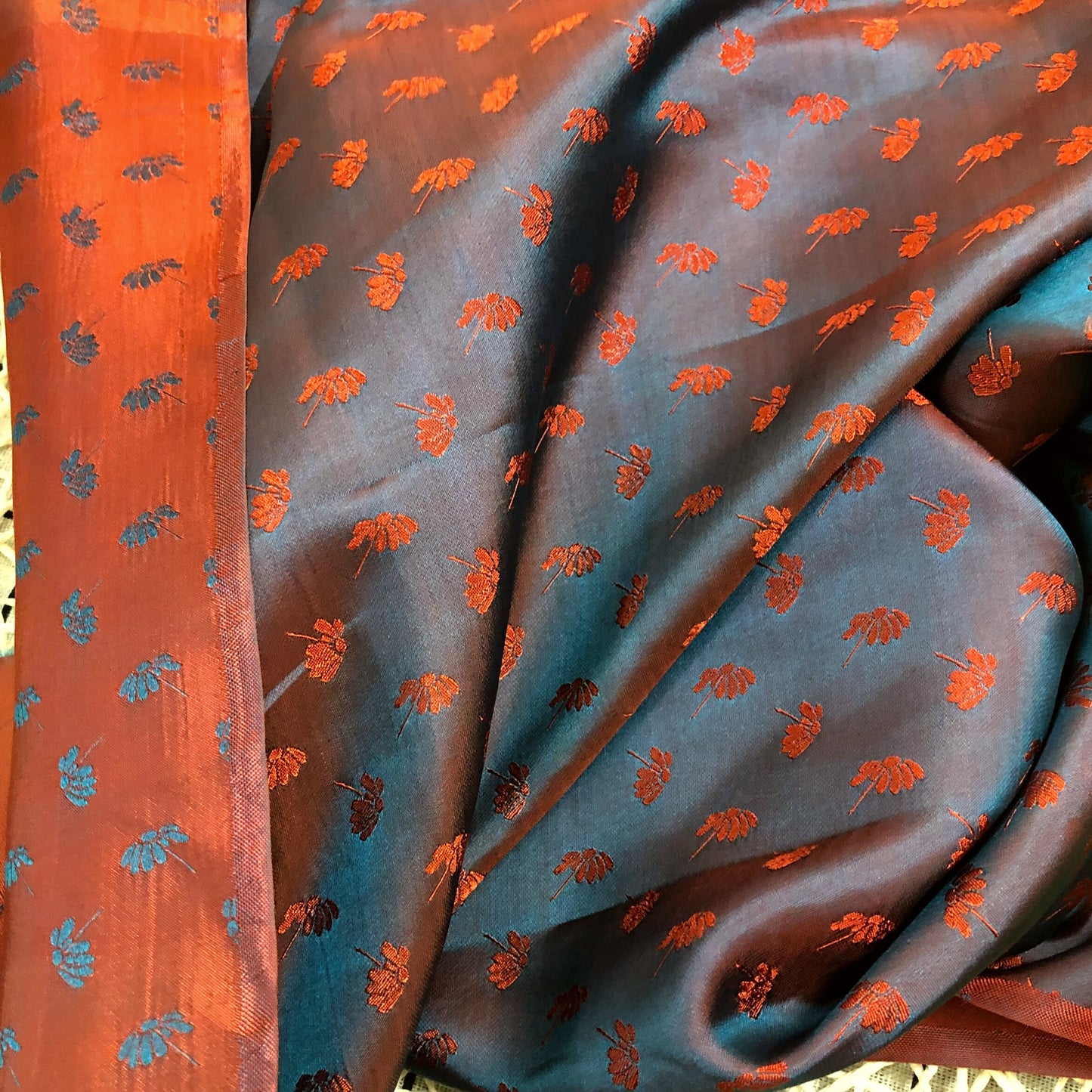 Orange fabric with mulberry dandelion pattern, Pure mulberry silk, Handmade fabric, Organic fiber