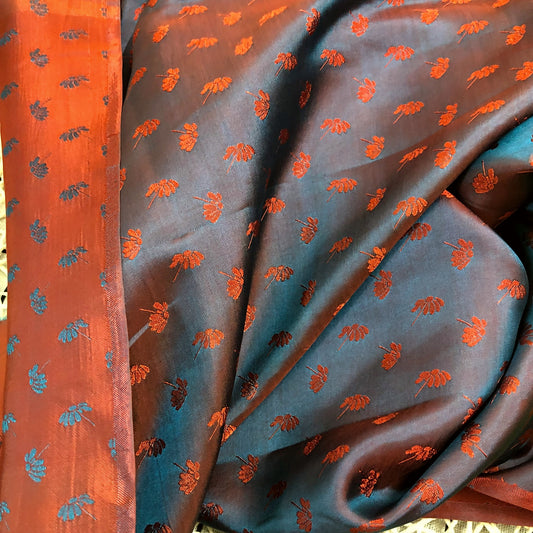Orange fabric with mulberry dandelion pattern, Pure mulberry silk, Handmade fabric, Organic fiber