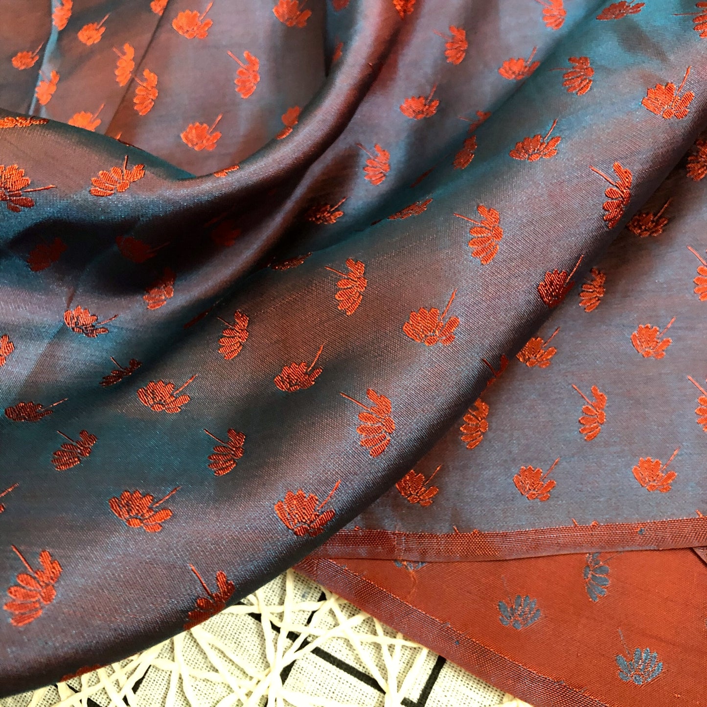 Orange fabric with mulberry dandelion pattern, Pure mulberry silk, Handmade fabric, Organic fiber