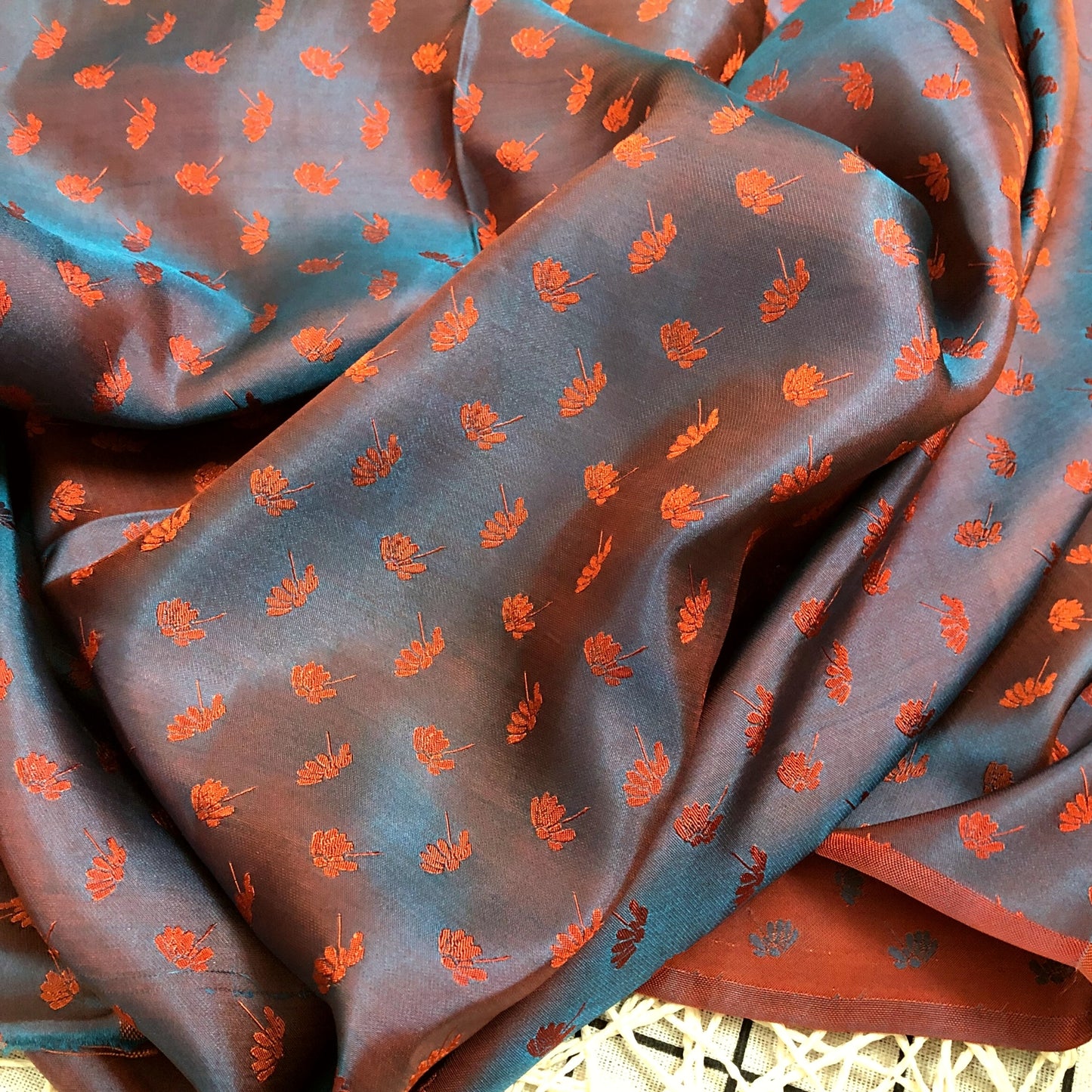 Orange fabric with mulberry dandelion pattern, Pure mulberry silk, Handmade fabric, Organic fiber