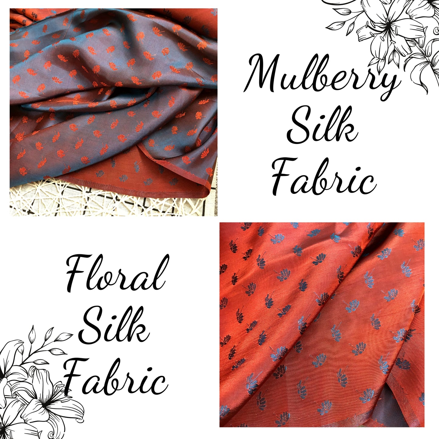 Orange fabric with mulberry dandelion pattern, Pure mulberry silk, Handmade fabric, Organic fiber