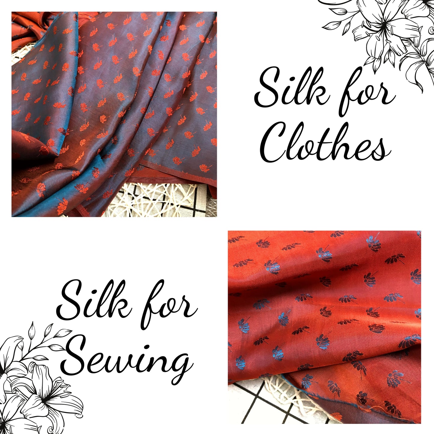 Orange fabric with mulberry dandelion pattern, Pure mulberry silk, Handmade fabric, Organic fiber