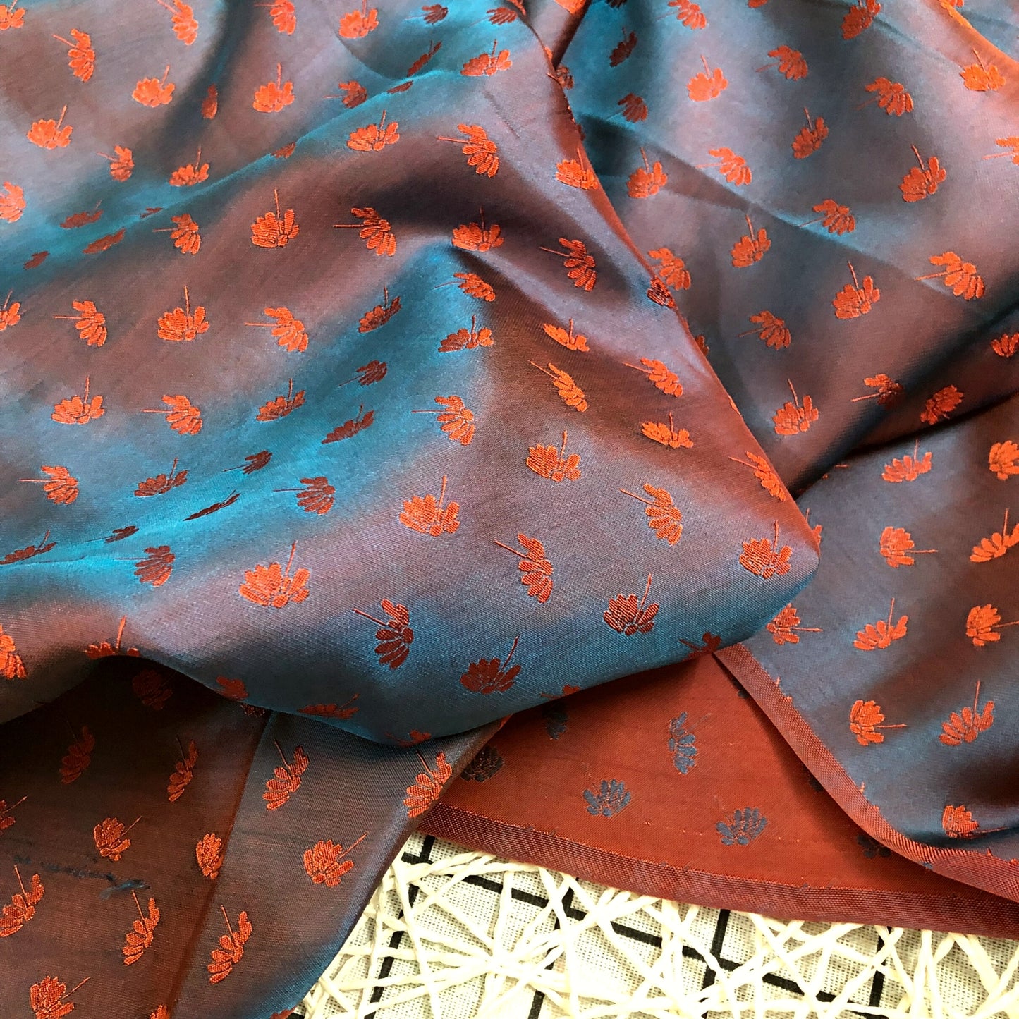 Orange fabric with mulberry dandelion pattern, Pure mulberry silk, Handmade fabric, Organic fiber