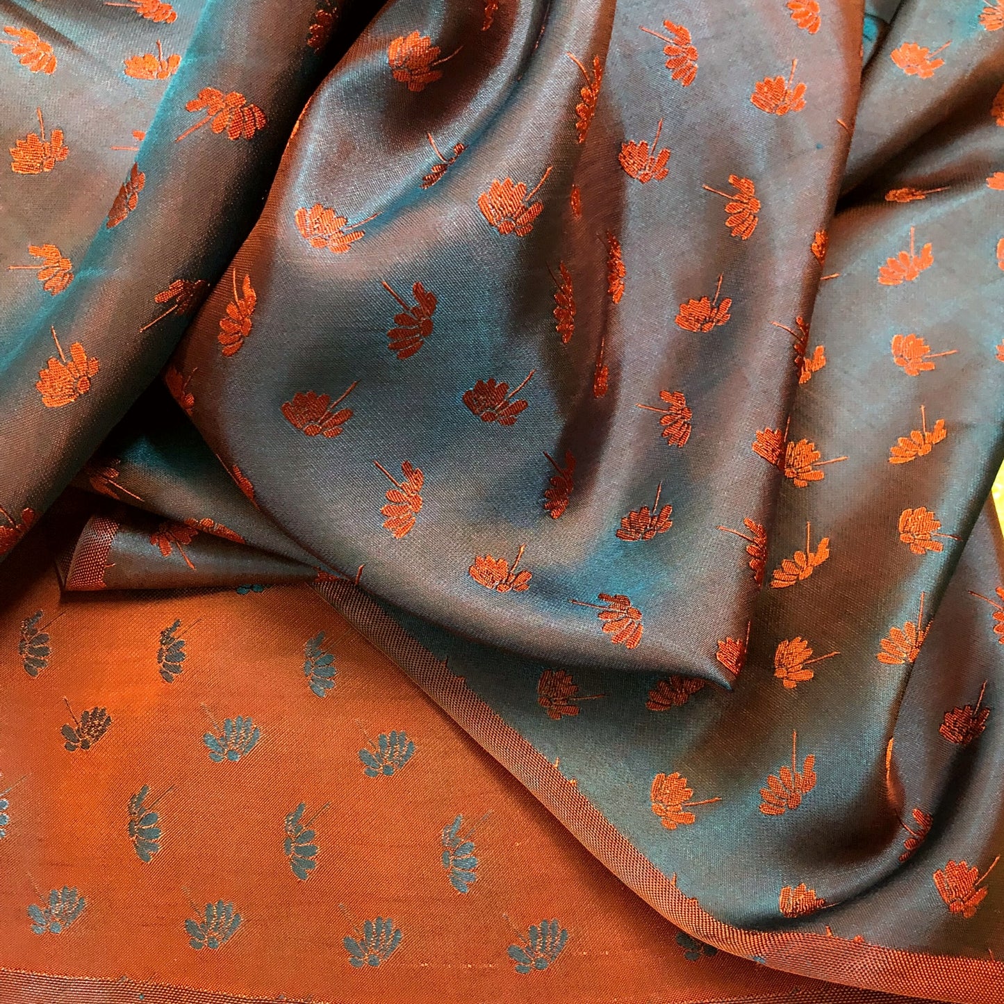 Orange fabric with mulberry dandelion pattern, Pure mulberry silk, Handmade fabric, Organic fiber