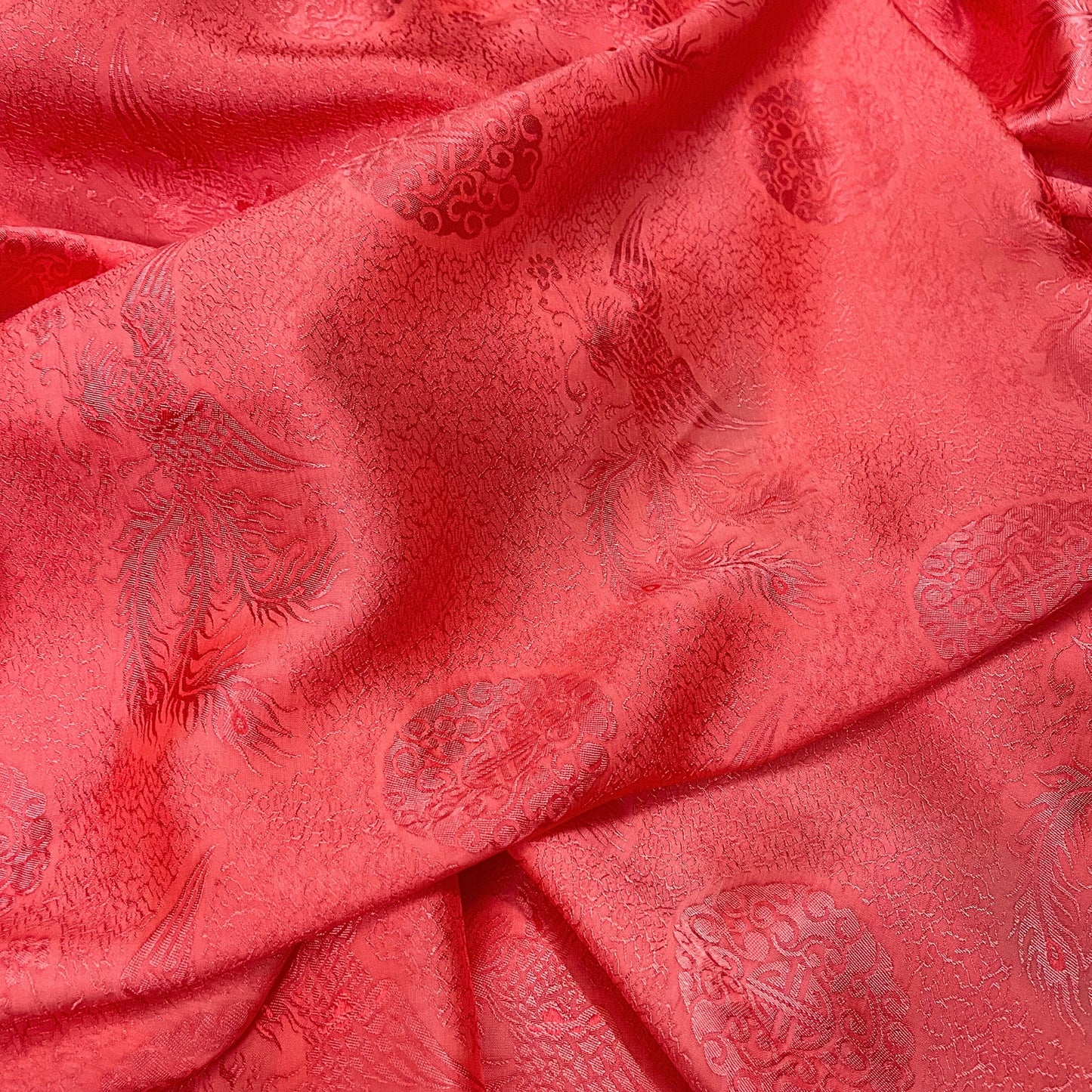Orange silk fabric with mulberry phoenix  pattern, Pure mulberry silk, Handmade fabric, Organic fiber, Vintage textile