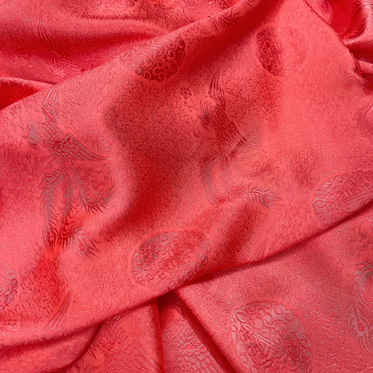 Orange silk fabric with mulberry phoenix  pattern, Pure mulberry silk, Handmade fabric, Organic fiber, Vintage textile