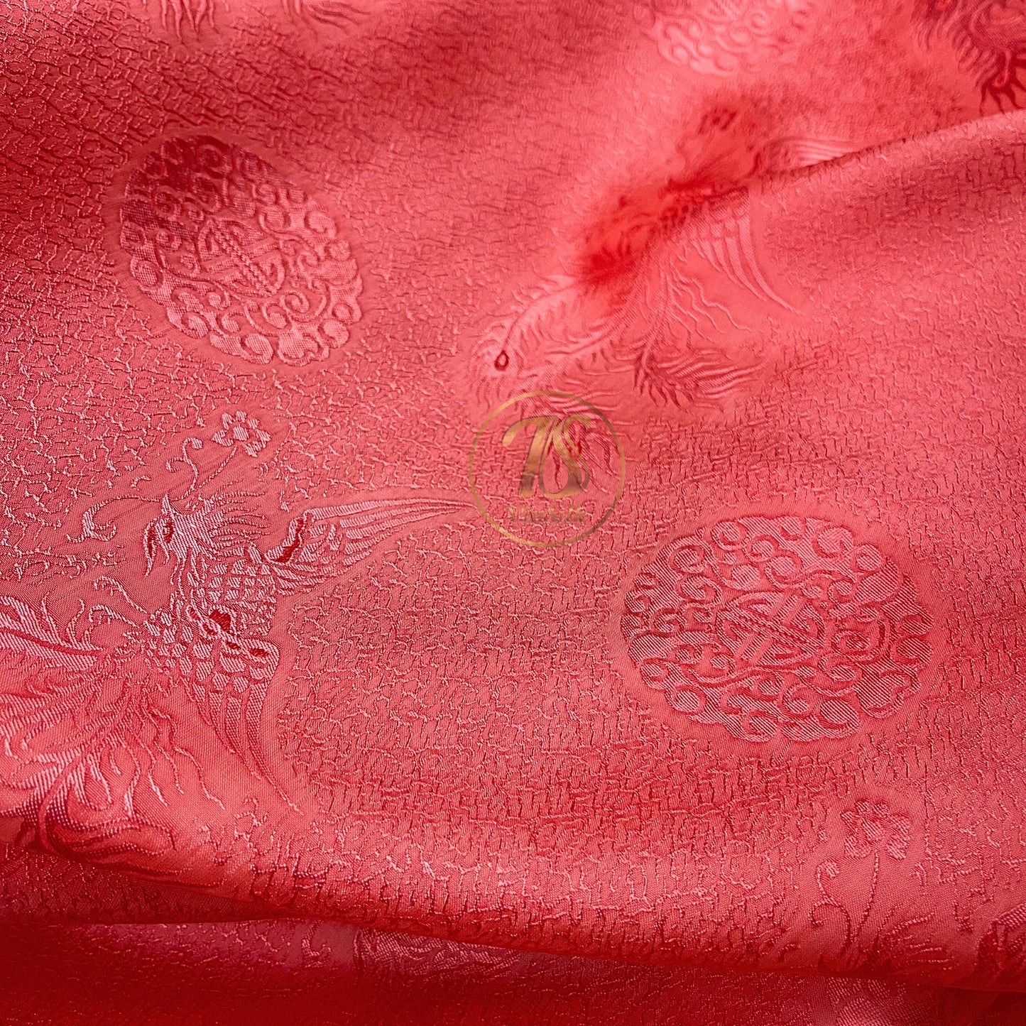 Orange silk fabric with mulberry phoenix  pattern, Pure mulberry silk, Handmade fabric, Organic fiber, Vintage textile