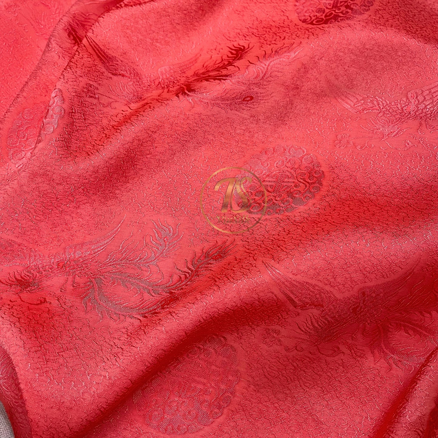 Orange silk fabric with mulberry phoenix  pattern, Pure mulberry silk, Handmade fabric, Organic fiber, Vintage textile