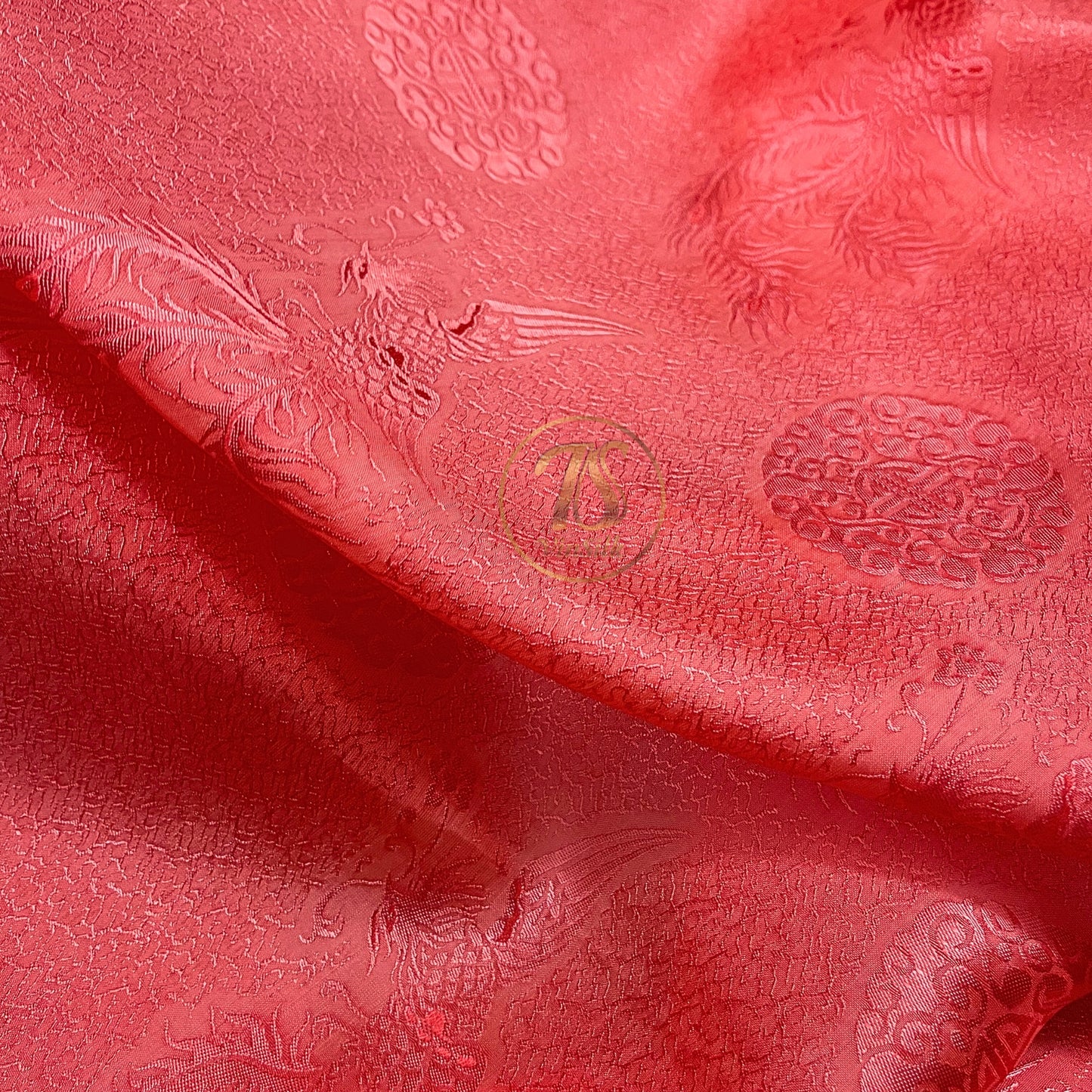 Orange silk fabric with mulberry phoenix  pattern, Pure mulberry silk, Handmade fabric, Organic fiber, Vintage textile