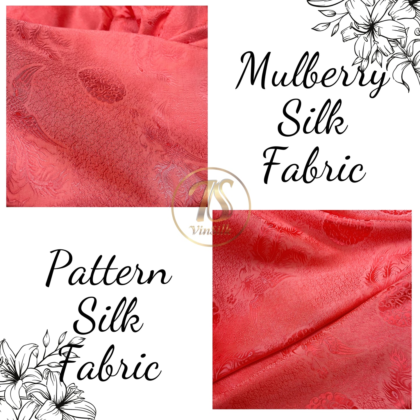 Orange silk fabric with mulberry phoenix  pattern, Pure mulberry silk, Handmade fabric, Organic fiber, Vintage textile