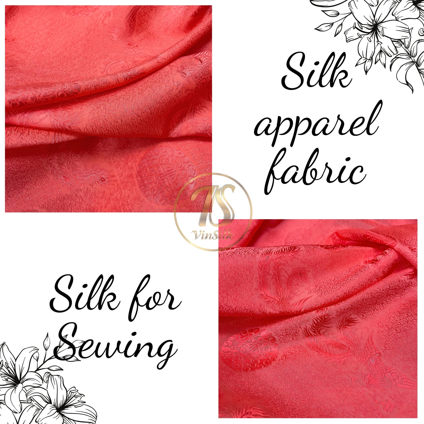 Orange silk fabric with mulberry phoenix  pattern, Pure mulberry silk, Handmade fabric, Organic fiber, Vintage textile