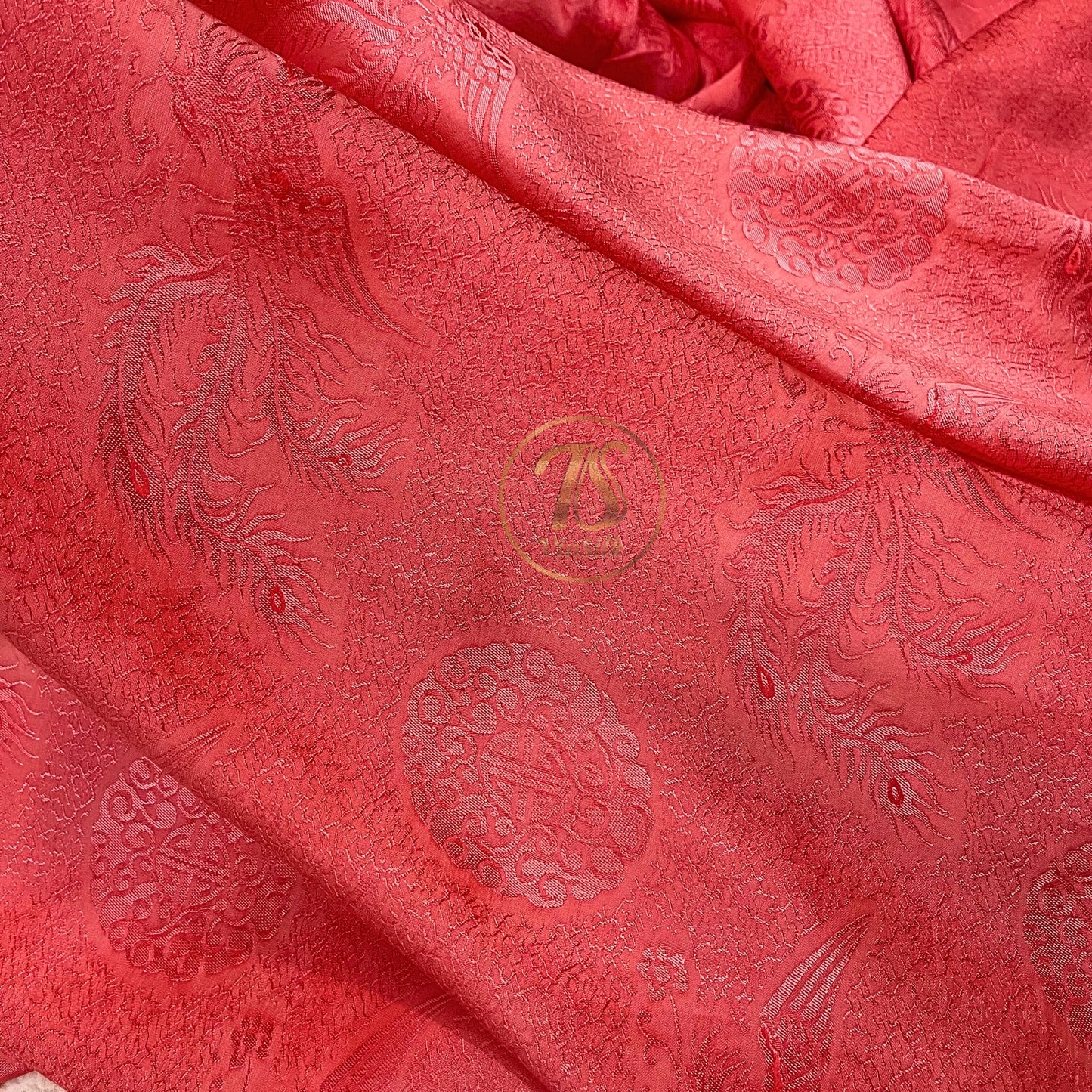 Orange silk fabric with mulberry phoenix  pattern, Pure mulberry silk, Handmade fabric, Organic fiber, Vintage textile
