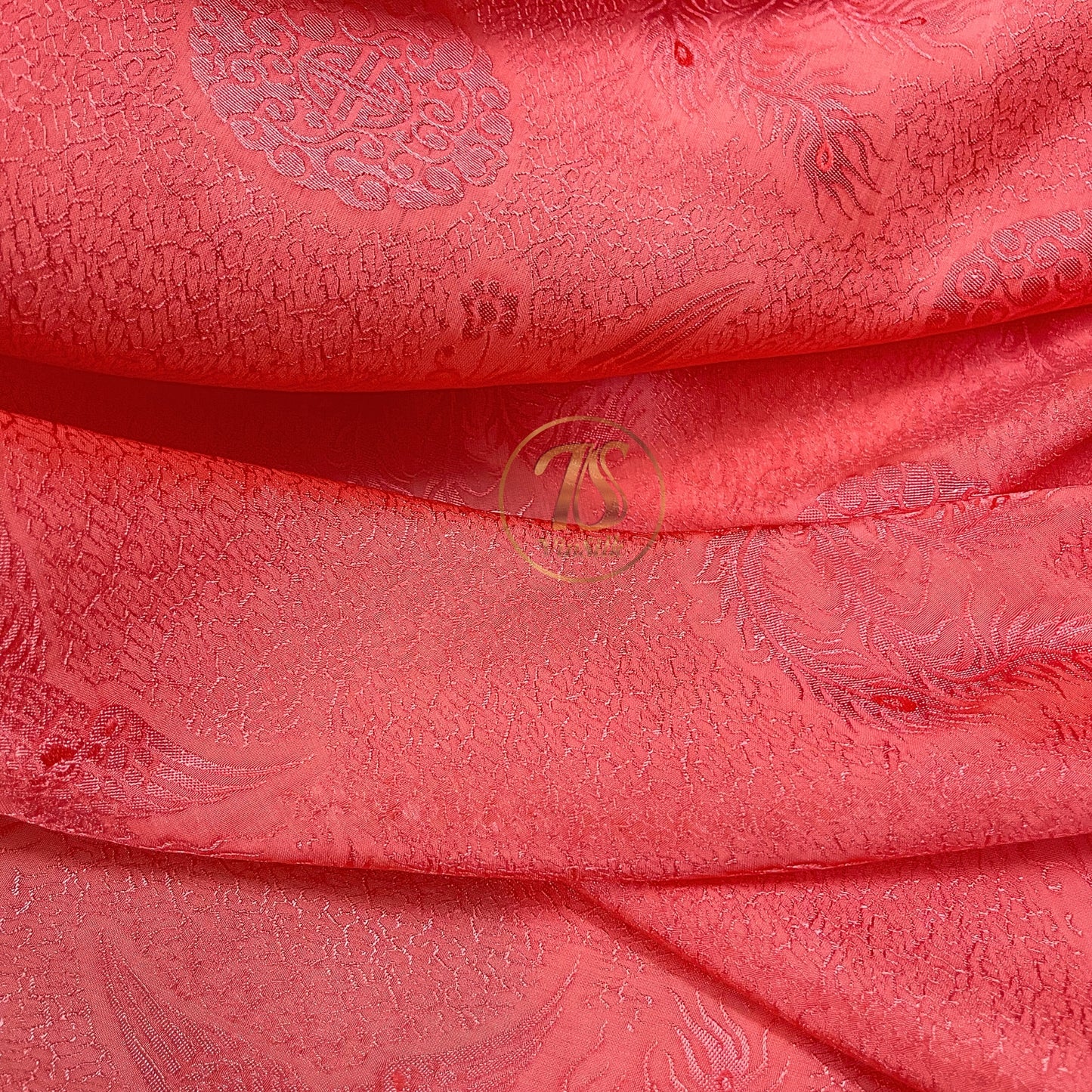 Orange silk fabric with mulberry phoenix  pattern, Pure mulberry silk, Handmade fabric, Organic fiber, Vintage textile