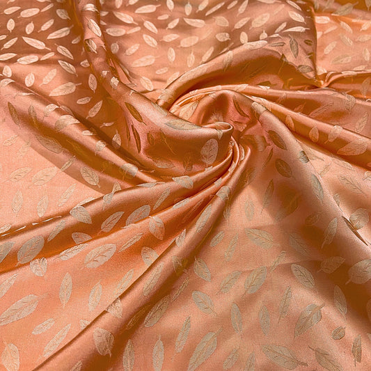 Orange silk with leaf  pattern fabric, Pure mulberry silk, Handmade fabric, Organic fiber, Vintage textile, Dress making, Gift for women, Silk dress