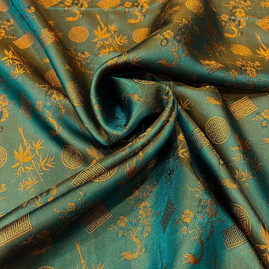 PATTERN MULBERRY SILK fabric by the yard - blue silk with orange bamboo pattern - Handmade fabric – Dress making – Silk for sewing - Gift for women