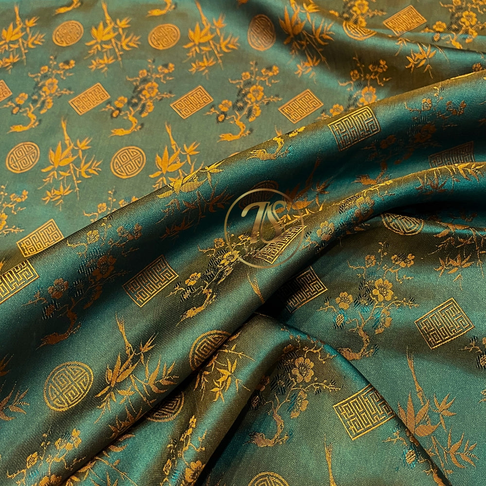 PATTERN MULBERRY SILK fabric by the yard - blue silk with orange bamboo pattern - Handmade fabric – Dress making – Silk for sewing - Gift for women