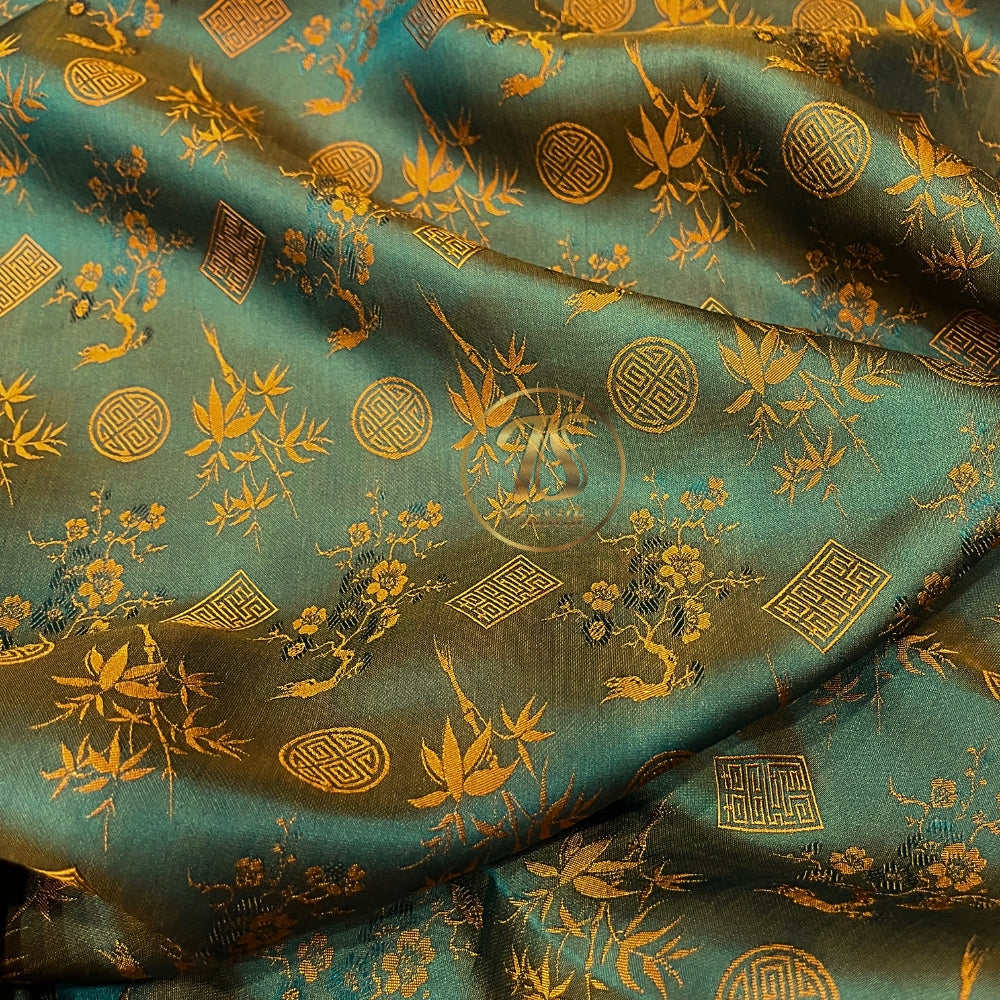 PATTERN MULBERRY SILK fabric by the yard - blue silk with orange bamboo pattern - Handmade fabric – Dress making – Silk for sewing - Gift for women