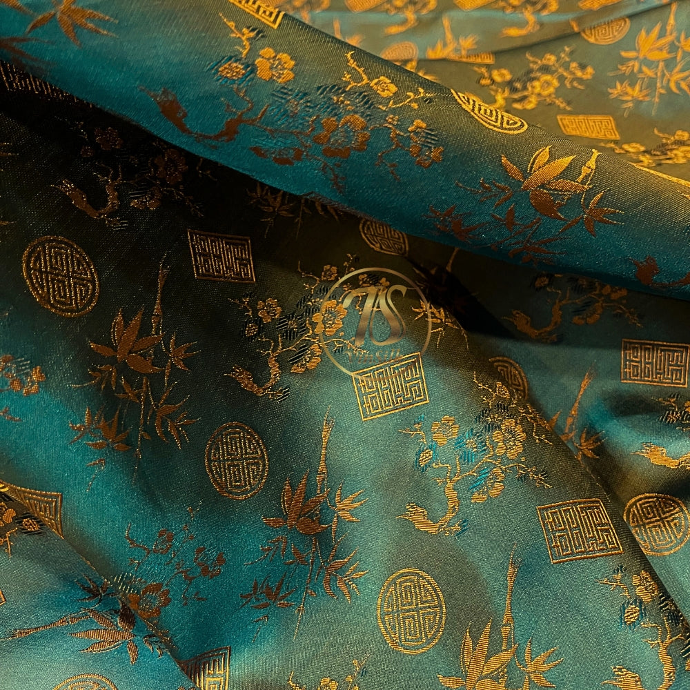 PATTERN MULBERRY SILK fabric by the yard - blue silk with orange bamboo pattern - Handmade fabric – Dress making – Silk for sewing - Gift for women