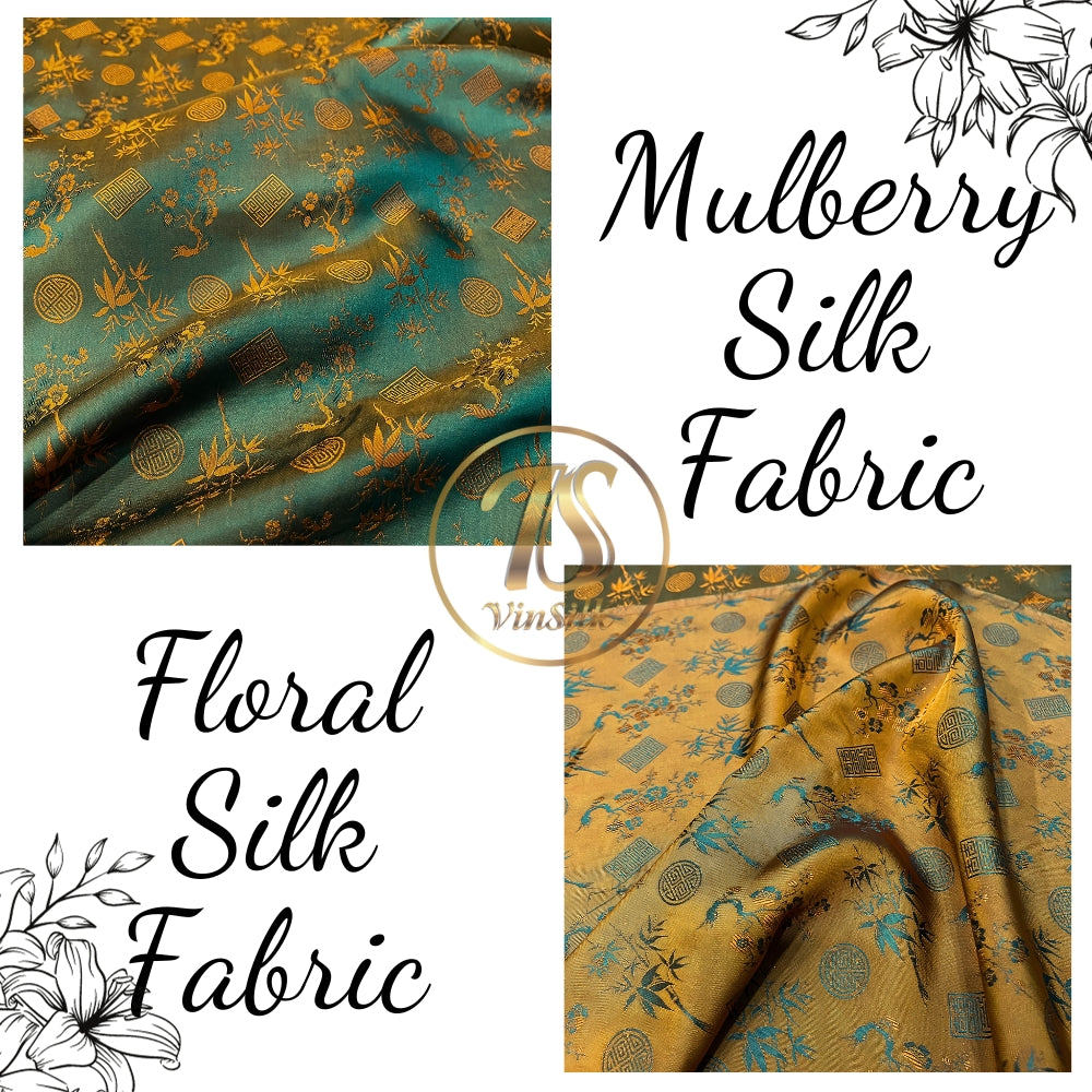 PATTERN MULBERRY SILK fabric by the yard - blue silk with orange bamboo pattern - Handmade fabric – Dress making – Silk for sewing - Gift for women