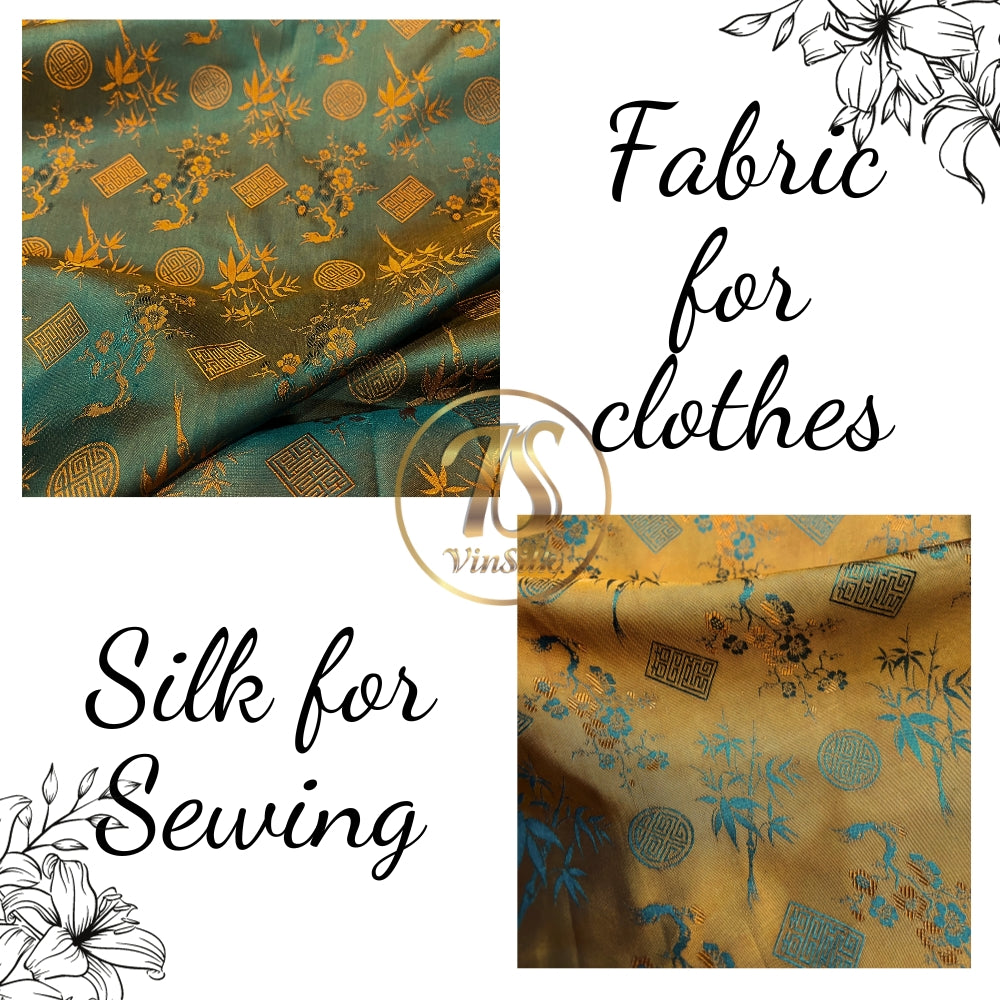 PATTERN MULBERRY SILK fabric by the yard - blue silk with orange bamboo pattern - Handmade fabric – Dress making – Silk for sewing - Gift for women
